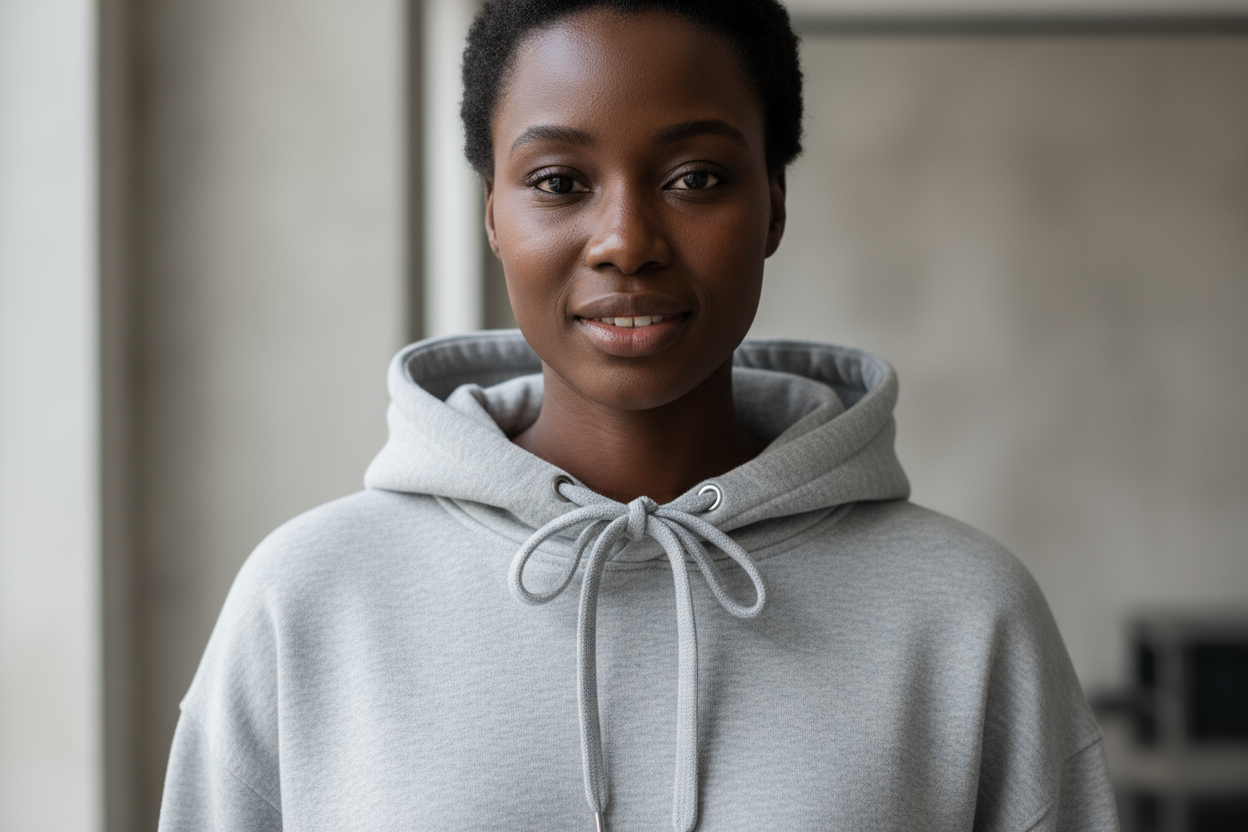 A confident black woman wearing a light grey FROSTEN Thermal Street Hoodie with matching light grey drawstrings, photographed from chest to head in soft natural daylight. Her face is clearly visible and well-lit, showing a natural expression. The scene has a soft background, clean aesthetic, and modern streetwear style inspired by ICON Amsterdam. The hoodie’s 450gsm heavyweight cotton texture should look premium, cozy, and realistic.