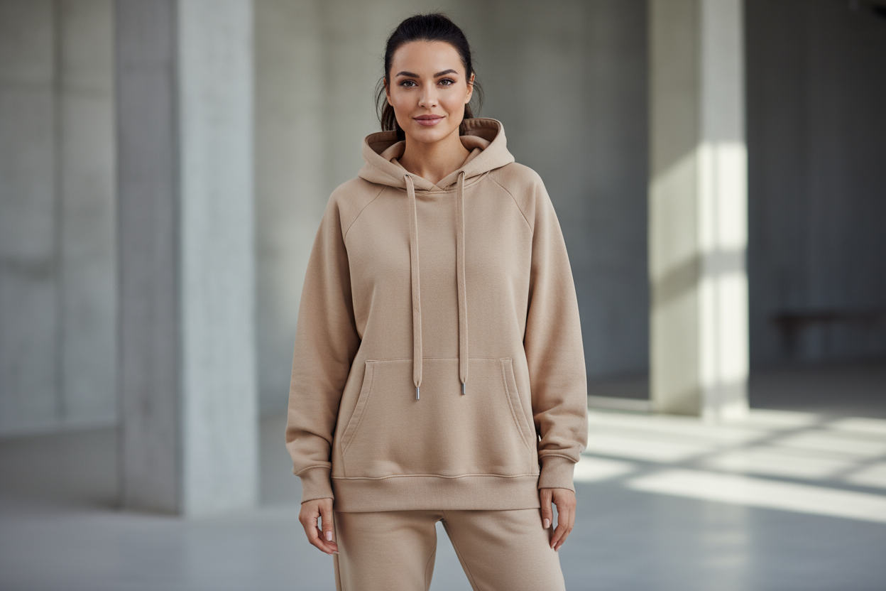 A confident female model wearing a warm beige heavyweight streetwear hoodie with visible drawstrings, relaxed fit and dropped shoulders. The model is centered in the frame and clearly visible from head to toe, facing the camera naturally, with a calm confident expression. The hoodie should be the focus, showing the texture and fit clearly. The background is urban and minimal, photographed in soft natural daylight, high-quality professional streetwear product photo for an online clothing brand.