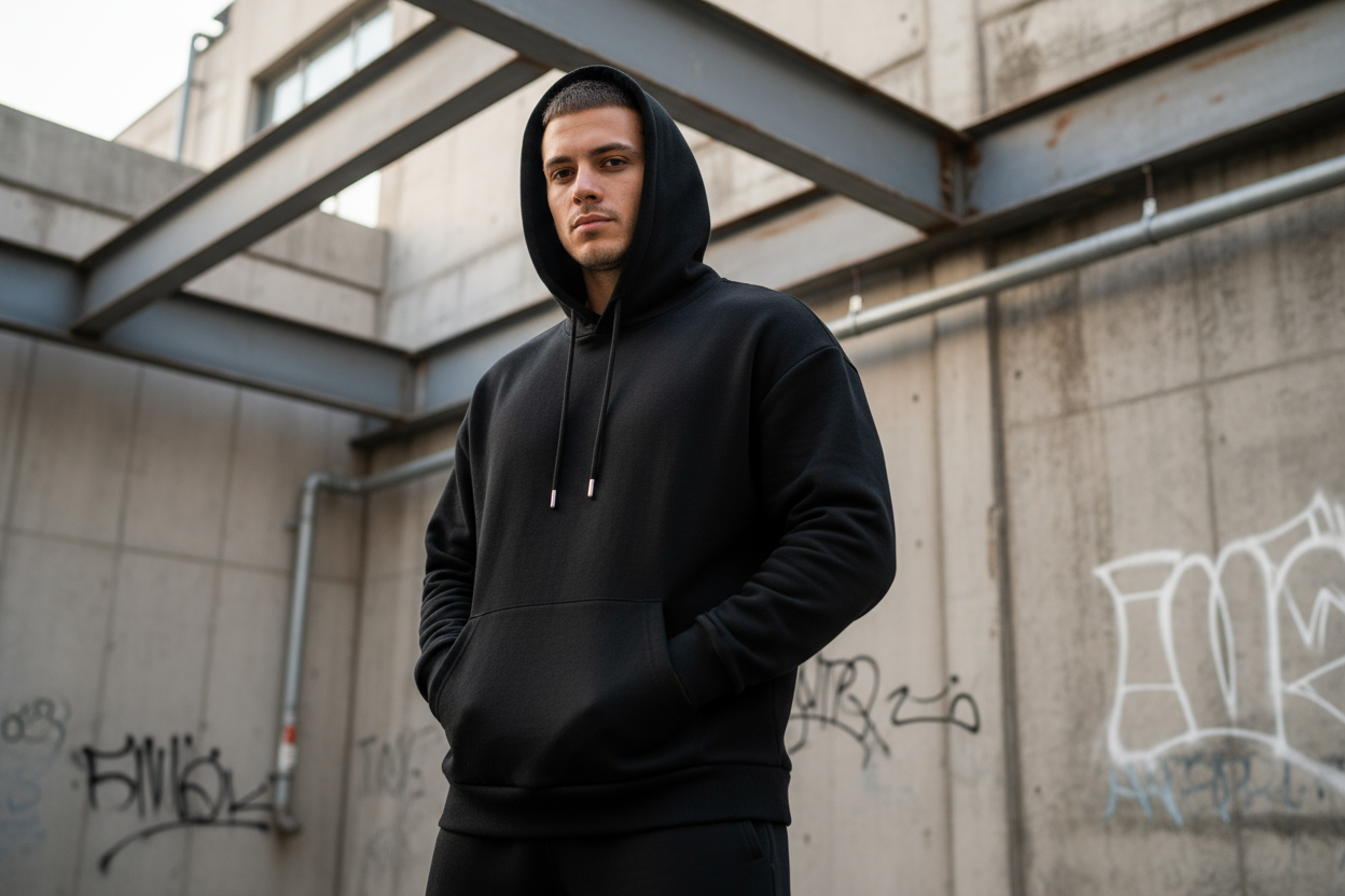 A confident male model wearing a jet black heavyweight streetwear hoodie with drawstrings, relaxed fit and dropped shoulders, standing in an urban outdoor setting. The hoodie has a minimalist premium design made from 450gsm cotton, perfect for a modern streetwear brand. Natural daylight, clean professional Shopify product photo style.