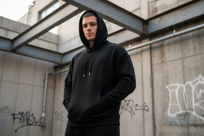 A confident male model wearing a jet black heavyweight streetwear hoodie with drawstrings, relaxed fit and dropped shoulders, standing in an urban outdoor setting. The hoodie has a minimalist premium design made from 450gsm cotton, perfect for a modern streetwear brand. Natural daylight, clean professional Shopify product photo style.