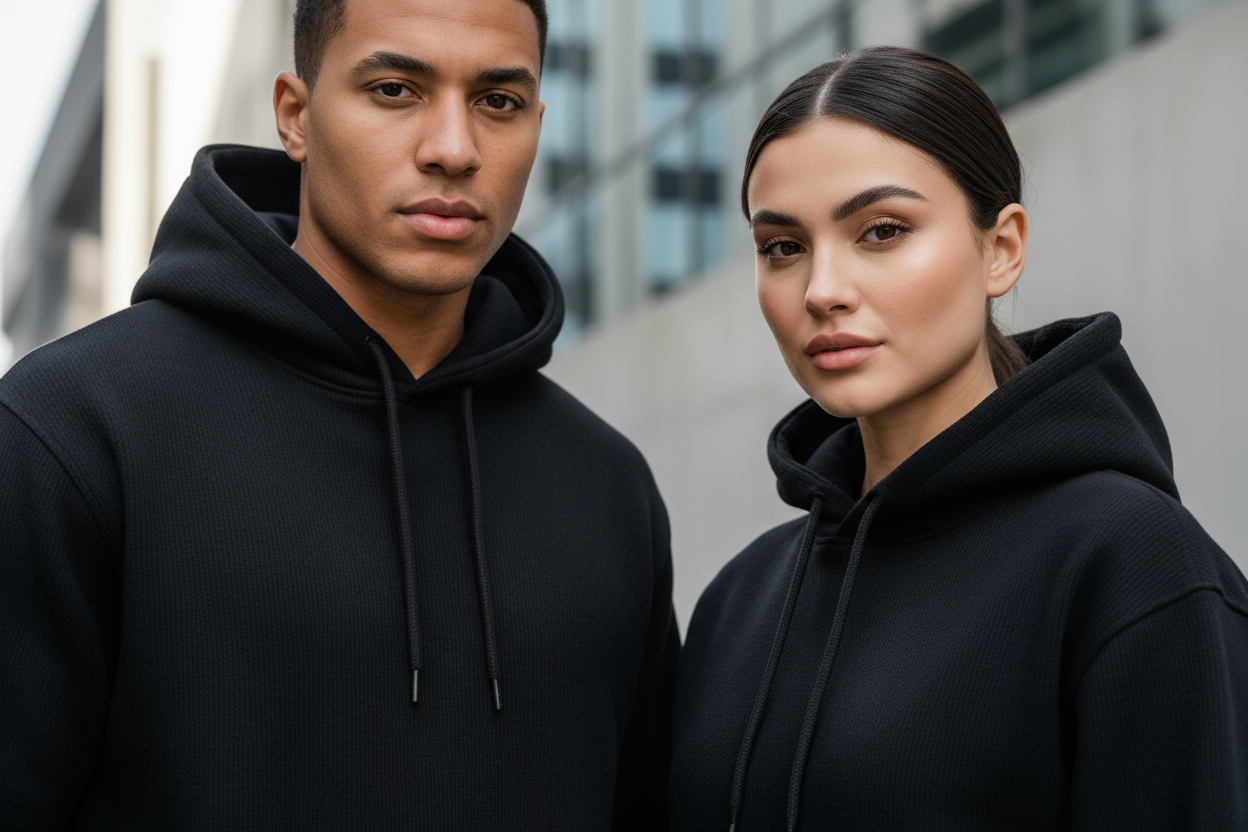 A confident man and woman wearing a black FROSTEN Thermal Street Hoodie with matching black drawstrings, photographed from chest to head in soft natural daylight, minimal urban background, modern streetwear look inspired by ICON Amsterdam, 450gsm heavyweight cotton texture visible, cozy yet premium vibe. Faces needs to be good full in sight  too