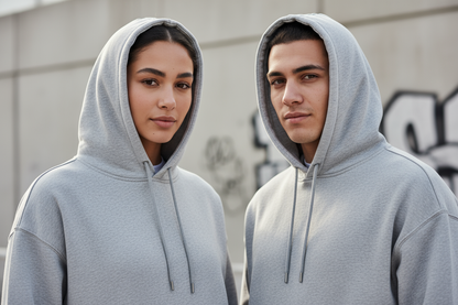A confident man and woman wearing a light grey Thermal Street Hoodie with matching light grey drawstrings, photographed from chest to head in soft natural daylight, minimal urban background, modern streetwear look inspired by ICON Amsterdam, 450gsm heavyweight cotton texture visible, cozy yet premium vibe. Faces needs to be good full in sight too