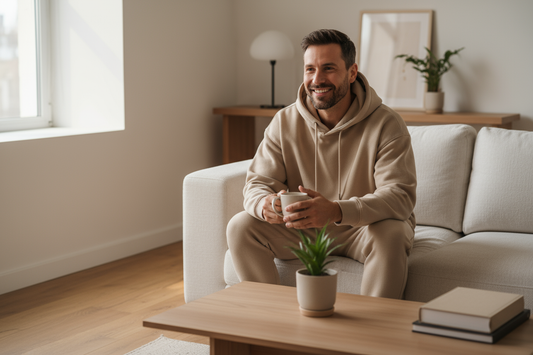 A confident man indoors, wearing a beige oversized thermal street. He is sitting comfortably on a modern sofa in a cozy, minimal apartment with soft daylight coming from a window. Clean and warm interior tones (beige, white, light brown). The model looks relaxed and smiling, holding a cup of coffee. The hoodie’s drawstrings are clearly visible. High-quality lifestyle fashion photo, same angle and lighting style as a professional clothing campaign.