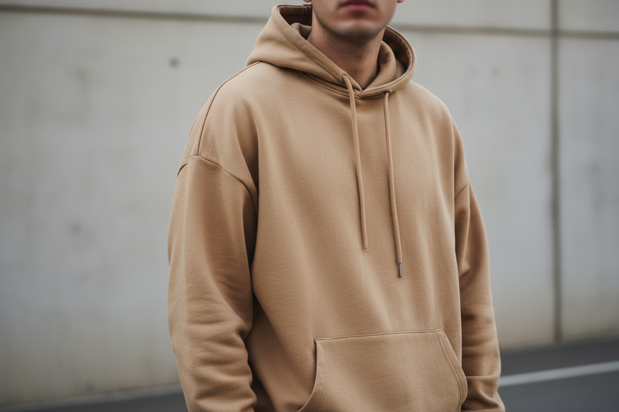 A minimalist streetwear hoodie in warm beige color, 450gsm heavyweight cotton, relaxed fit with dropped shoulders and visible drawstrings on the hood, photographed outdoors in soft daylight, clean background, premium lifestyle product photo.