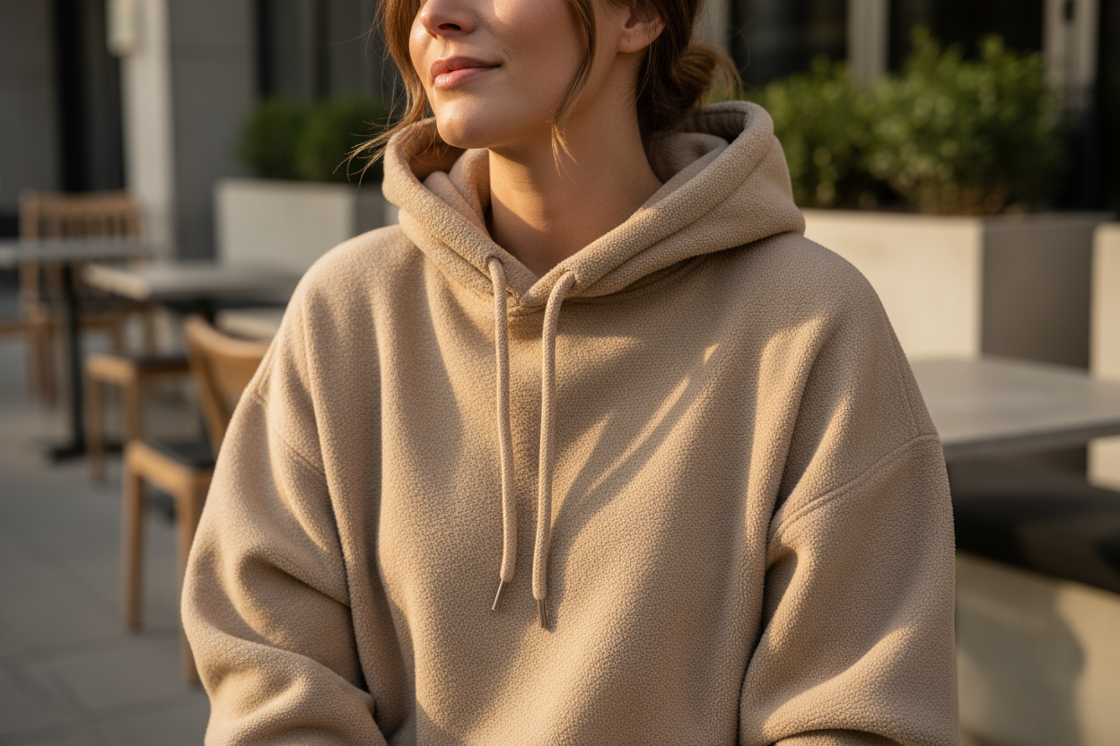 A woman wearing a beige FROSTEN Thermal Street Hoodie with matching beige drawstrings, in a warm daylight setting with neutral tones, clearly visible from chest to head, clean lifestyle and fashion mix inspired by ICON Amsterdam, highlighting the premium heavyweight cotton fabric and cozy silhouette.